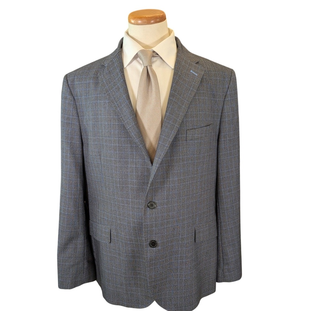 TailorByrd Collection Mens 46R Gray Blue Glen Plaid Sport Coat Blazer 2 Button